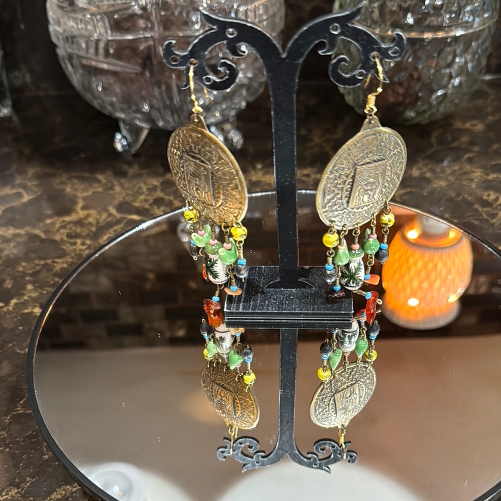 Peruvian Llama Copper brass Gold Multicolor stone Dangle pierced Earrings!